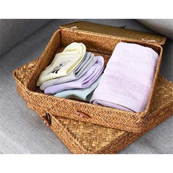 Seagrass Storage Basket Box with Lid Rectangular Woven Shelf Baskets Bins for - Picture 6 of 7